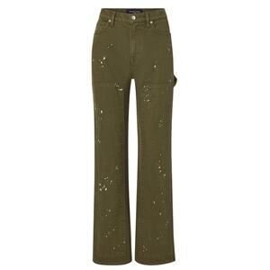 Veronica Beard Olive Green Straight-Leg Pants with Paint-Splatter Detail